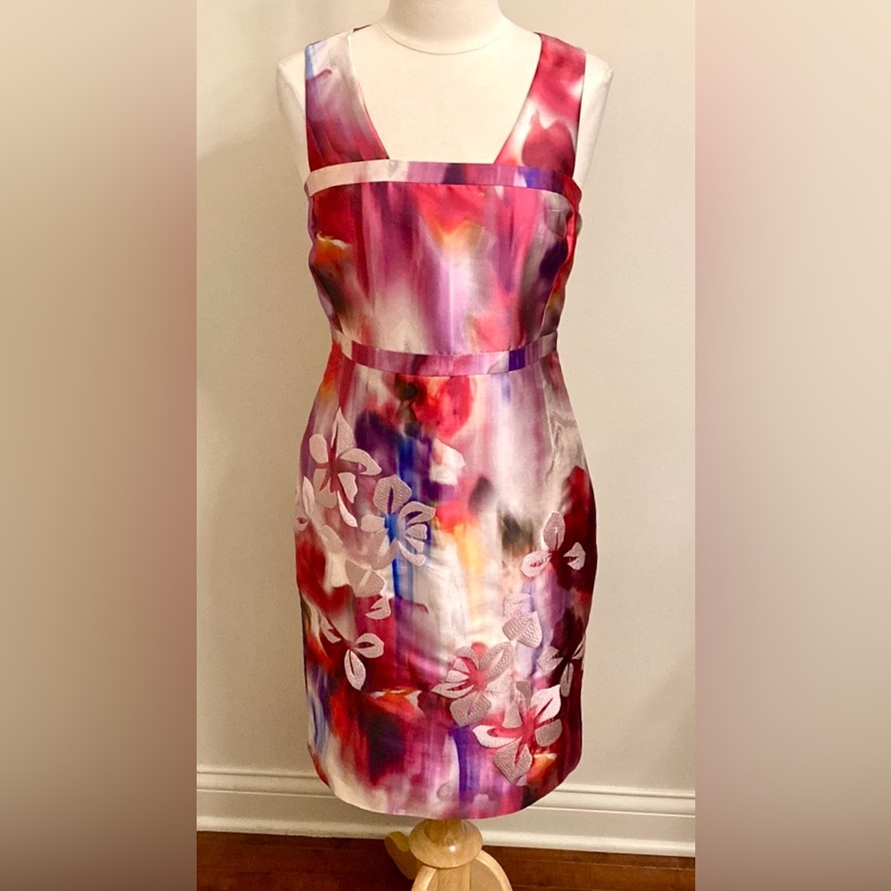 Per Se Pink Red Embroidered Floral 6 Elegant Romantic Whimsical Cocktail Dress